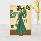 Groene vrouw dragen Retro kaart (Gele Bloem)