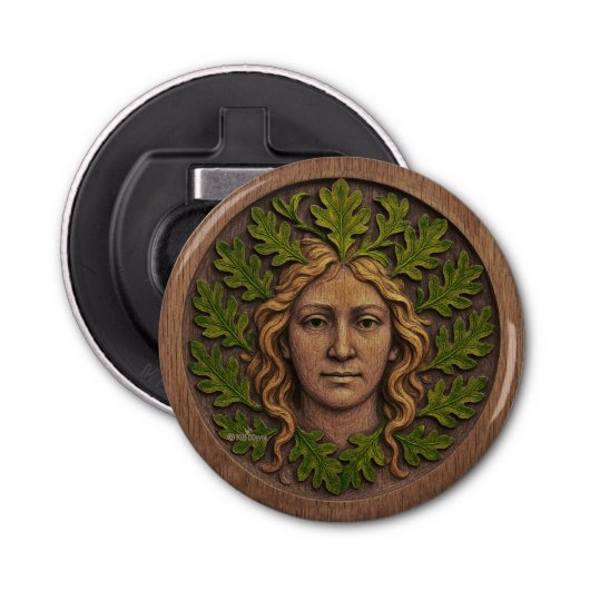 Groene vrouw - Hout Button Flesopener (Voorkant)