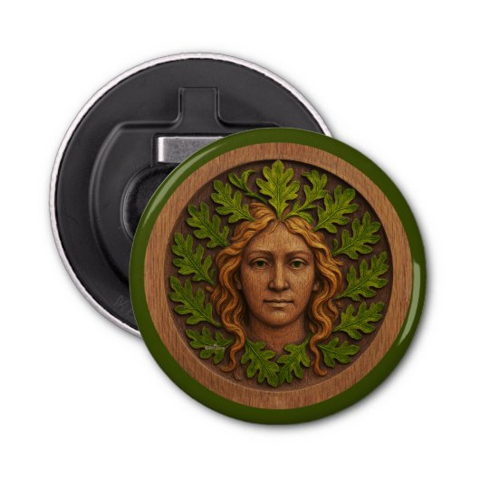 Groene vrouw - Hout Button Flesopener (Voorkant)