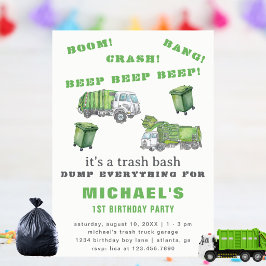 Groene Vuilniswagen Afval Bash 1e Verjaardagsfeest Kaart