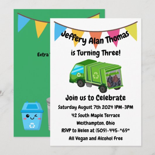 Groene vuilniswagen Kind partij Kaart (Voorkant / Achterkant)