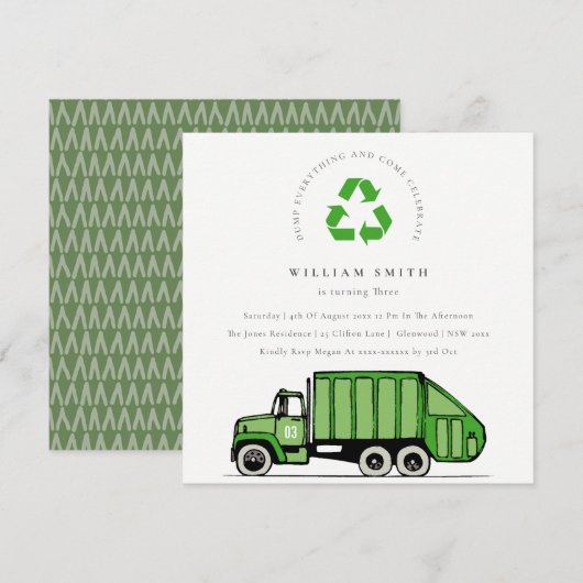 Groene vuilniswagen Kinder elke zondag uitnodigen Bedankkaart (Voorkant / Achterkant)