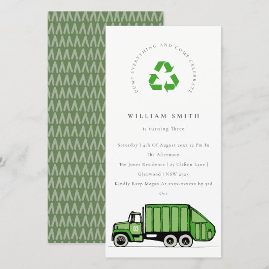 Groene Vuilniswagen Kinderen Verjaardagsuitnodigin Bedankkaart (Voorkant / Achterkant)