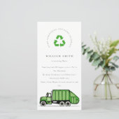 Groene Vuilniswagen Kinderen Verjaardagsuitnodigin Bedankkaart (Staand voorkant)