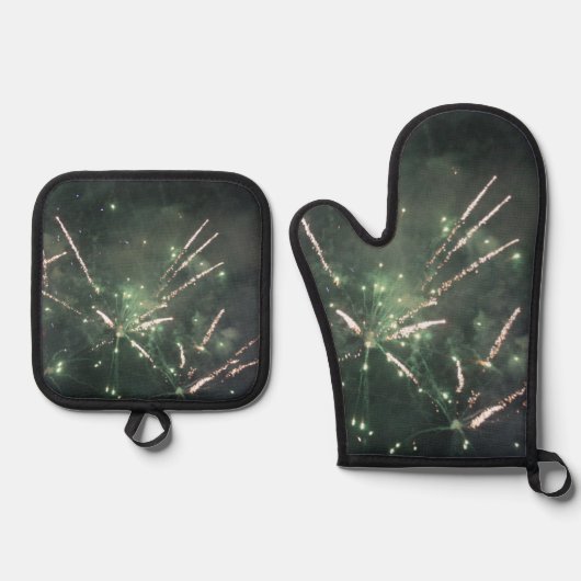 Groene vuurwerk ovenwant & pannenlap set (Voorkant)