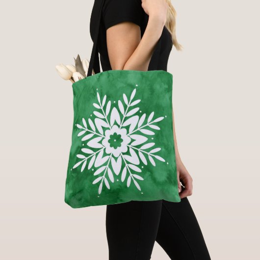 Groene Waterverf Abstracte Sneeuwvlok Tote Bag (Dichtbij)