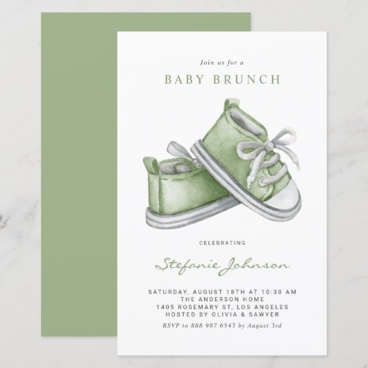 Groene Waterverf Baby Schoenen Baby Brunch Invitat (Voorkant / Achterkant)