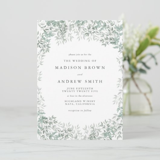 Groene Waterverf blad minimalistische bruiloft Kaart (Staand voorkant)