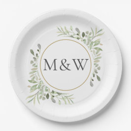 Groene Waterverf Blad Monogram Beginletters Papieren Bordje
