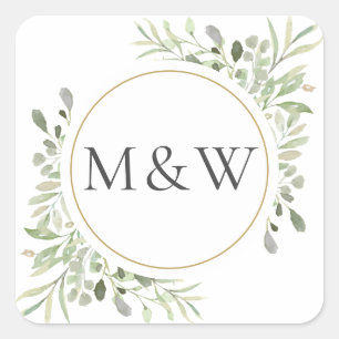 Groene Waterverf Blad Monogram Beginletters Vierkante Sticker