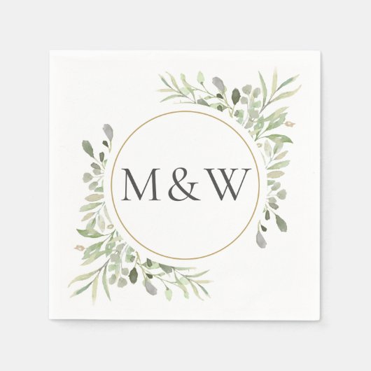 Groene Waterverf Blad Monogram Initiaal Servet (Voorkant)