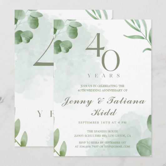 Groene Waterverf bladeren 40e bruiloft Jubileum Kaart (Voorkant / Achterkant)