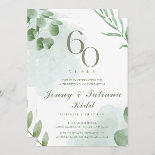 Groene Waterverf bladeren 60e bruiloft Jubileum Kaart (Voorkant / Achterkant)