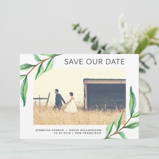Groene Waterverf bladeren en foto | De datum opsla Save The Date (Staand voorkant)