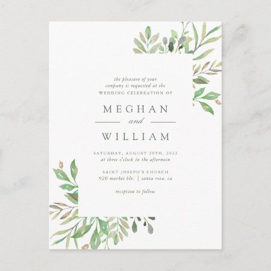 Groene Waterverf bladeren & groen bruiloft Uitnodiging Briefkaart (Voorkant)