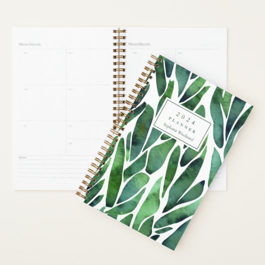 Groene Waterverf Bladerpatroon Monogram 2024 Planner (Display)