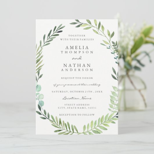 Groene Waterverf Bladkrans Bruiloft Uitnodiging (Staand voorkant)