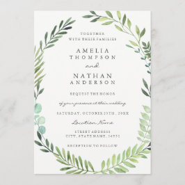 Groene Waterverf Bladkrans Bruiloft Uitnodiging