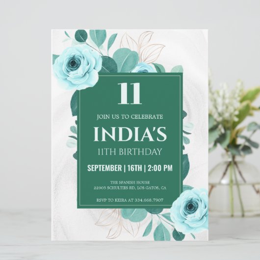 Groene Waterverf Bloemen 11e verjaardag Kaart (Staand voorkant)