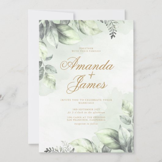 Groene Waterverf Bloemen Bladeren Elegante Huwelij Kaart (Voorkant)