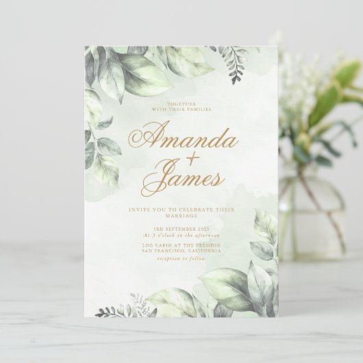 Groene Waterverf Bloemen Bladeren Elegante Huwelij Kaart (Staand voorkant)