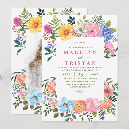 Groene Waterverf Bloemen Minimalistische foto Brui Kaart (Voorkant / Achterkant)