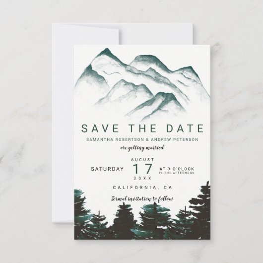 Groene waterverf bosbergen redden de datum save the date (Voorkant)