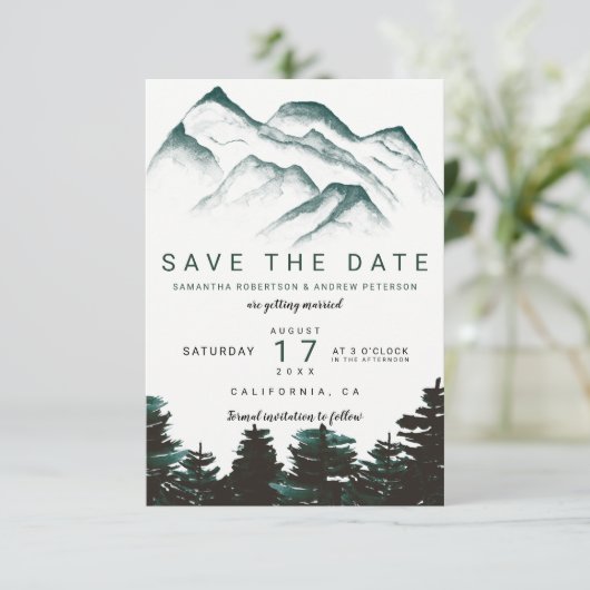 Groene waterverf bosbergen redden de datum save the date (Staand voorkant)