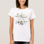 Groene Waterverf Botanische Monogrammed Bruid Naam T-shirt<br><div class="desc">Een prachtig,  modern ontwerp voor de bruid,  met prachtig waterverf botanisch groen in de kleuren blauw,  olijf en lentegroen. Het botanische lijst omringt de titel "BRIDE" in het midden,  met de naam van de bruid en de trouwdatum hieronder. Copyright Elegant Invites,  alle rechten voorbehouden.</div>