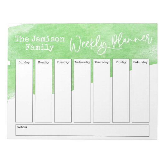 Groene Waterverf Brushstroke Weekplanner Notitieblok (Voorkant)