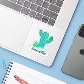 Groene Waterverf Cactus Naam Sticker (Laptop met iPhone)