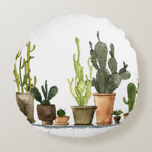 Groene Waterverf cactussen: handgetekende potten Rond Kussen