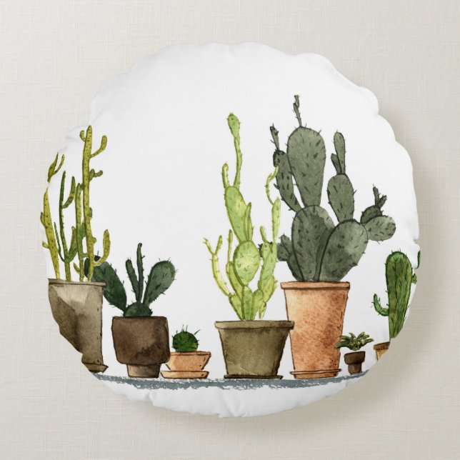 Groene Waterverf cactussen: handgetekende potten Rond Kussen (Voorkant)