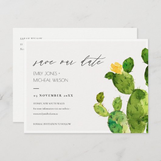 GROENE WATERVERF DESERT CACTUS BEWAREN DE DATUM AANKONDIGINGSKAART (Voorkant / Achterkant)