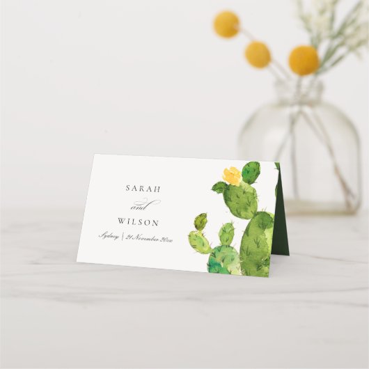 GROENE WATERVERF DESERT CACTUS FLOWER MONOGRAM PLAATSKAARTJE (Achterkant)