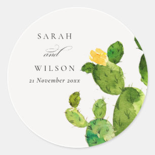 GROENE WATERVERF DESERT CACTUS FLOWER MONOGRAM RONDE STICKER