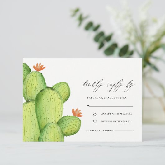 GROENE WATERVERF DESERT CACTUS FLOWER RSVP KAARTJE (Staand voorkant)