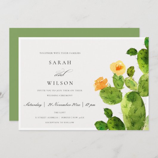 GROENE WATERVERF DESERT CACTUS FLOWER WEDING KAART (Voorkant / Achterkant)