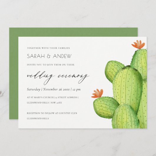 GROENE WATERVERF DESERT CACTUS FLOWER WEDING KAART (Voorkant / Achterkant)