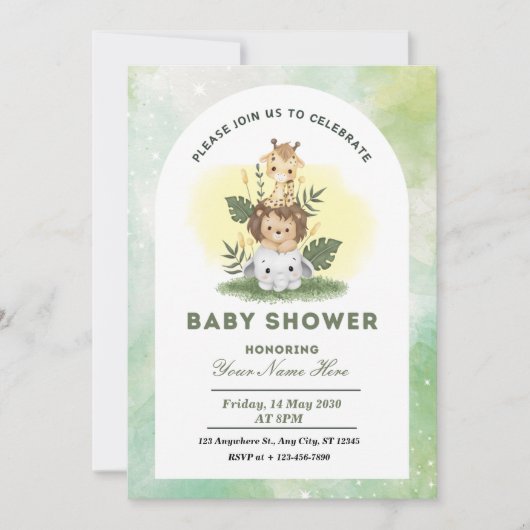 Groene Waterverf Dieren Baby shower Boy Kaart (Voorkant)