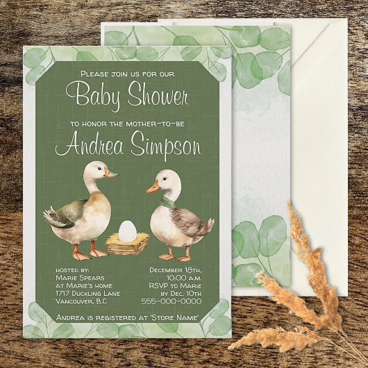Groene Waterverf Eenden en Ei Baby shower Kaart