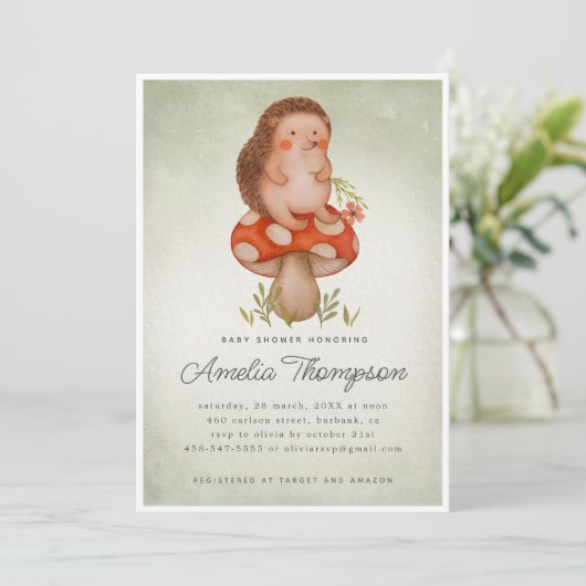 Groene Waterverf egel en paddenstoel Baby shower Kaart (Staand voorkant)