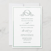 Groene Waterverf, Elegant Monogram Wedding Invitat Kaart (Voorkant)