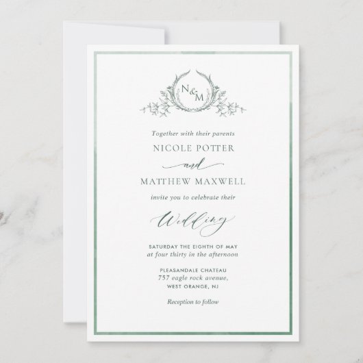 Groene Waterverf, Elegant Monogram Wedding Invitat Kaart (Voorkant)