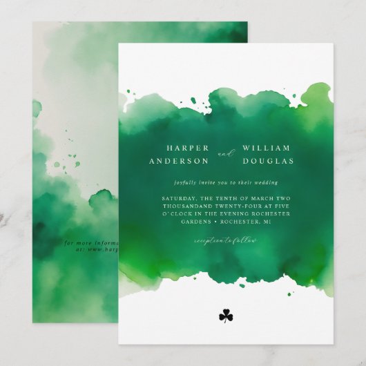 Groene waterverf en klaverbruiloft kaart (Voorkant / Achterkant)