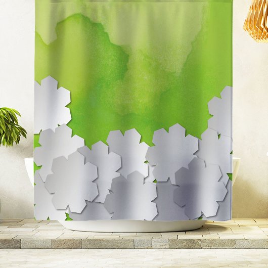 Groene Waterverf en witte bloemen Douchegordijn