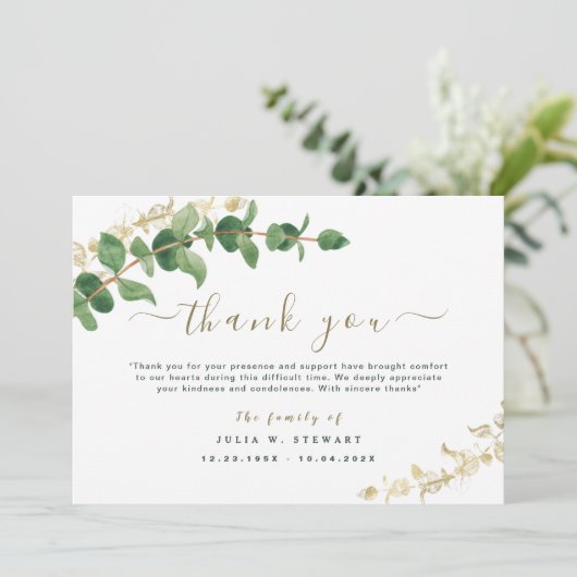 Groene Waterverf Eucalyptus Begrafenis Dank u Opme Kaart (Staand voorkant)