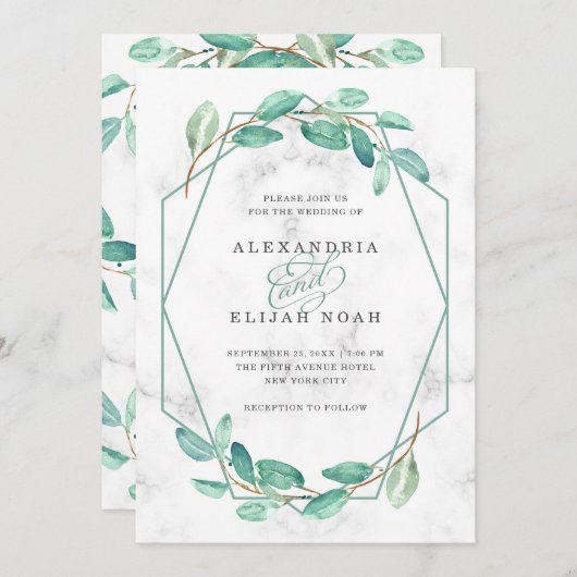 Groene Waterverf Eucalyptus en Marmer | Bruiloft Kaart (Voorkant / Achterkant)