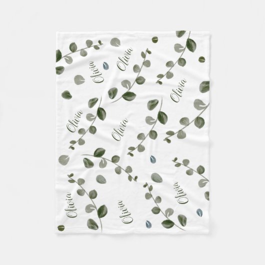 Groene Waterverf Eucalyptus Herhaalde Baby Naam Fleece Deken (Voorkant)