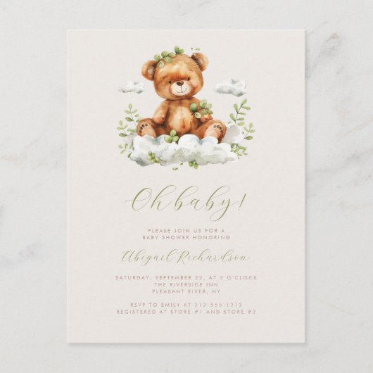 Groene Waterverf Eucalyptus teddybeer Baby shower Briefkaart (Voorkant)